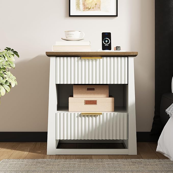 HIFYOBRO Fluted Nightstands Set of 2 with Charging Station & Motion Sensor Light, Modern Bedside Tables with 2 Drawers and Storage Shelf for Bedroom, White