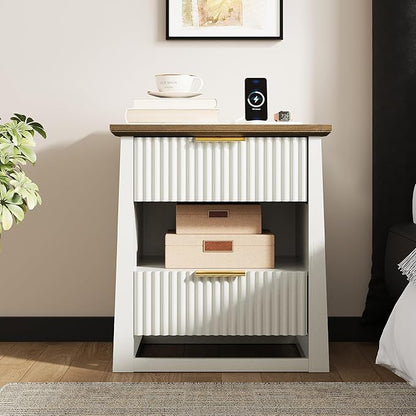 HIFYOBRO Fluted Nightstands Set of 2 with Charging Station & Motion Sensor Light, Modern Bedside Tables with 2 Drawers and Storage Shelf for Bedroom, White