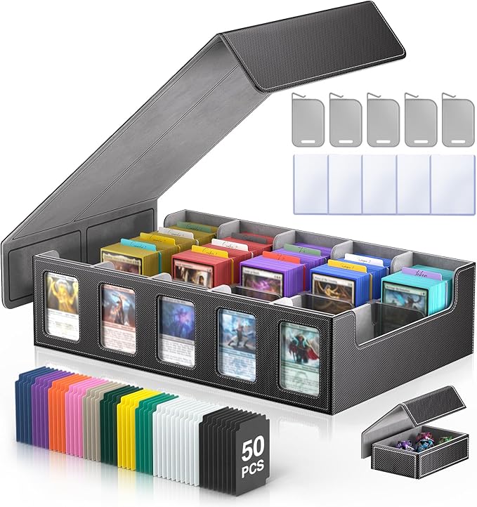 Trading Card Storage Box 5-Row 3900+ Capacity,TCG MTG Card Case with Magnetic Lid & Commander Display,Top Loader Storage for Sports Cards,Includes Dividers Dice Box