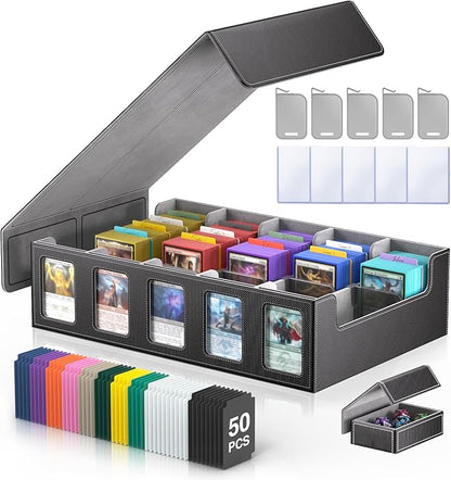 Trading Card Storage Box 5-Row 3900+ Capacity,TCG MTG Card Case with Magnetic Lid & Commander Display,Top Loader Storage for Sports Cards,Includes Dividers Dice Box