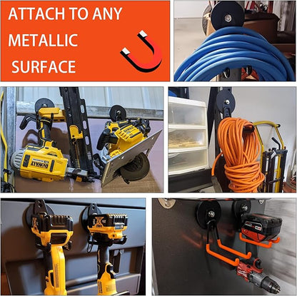 ULIBERMAGNET Strong Magnetic Hooks,Large Magnet with Hooks for Heavy Duty Tools,Jig Saw,Hose, 4 Pack Heavy Duty Magnetic Hooks for Hammer Drill,Circular Saw,Garden Tool(3.46inch/Orange)