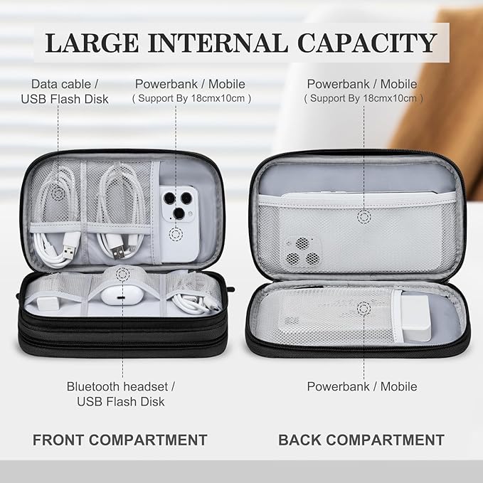 FYY Electronic Organizer, Travel Cable Organizer Bag Pouch Electronic Accessories Carry Case Portable Waterproof Double Layers Storage Bag for Cable, Cord, Charger, Phone, Earphone, Large Size, Black