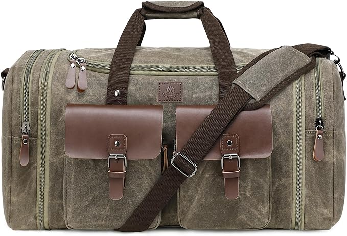Waxed Canvas Duffle Bag for Men 60L Travel Duffel Bags Expandable Genuine Leather Duffel Overnight Weekender Carry On Bag Two Zipper Pockets Travel Bag (Vintage Grey, X Large-60L)