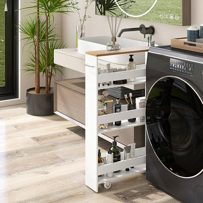 LOKO Slim Storage Cart, 4-Tier Rolling Cart with Handle & Wooden Top for Kitchen Bathroom Laundry Living Room Narrow Small Spaces, 5 Inches Width (White & Natural)