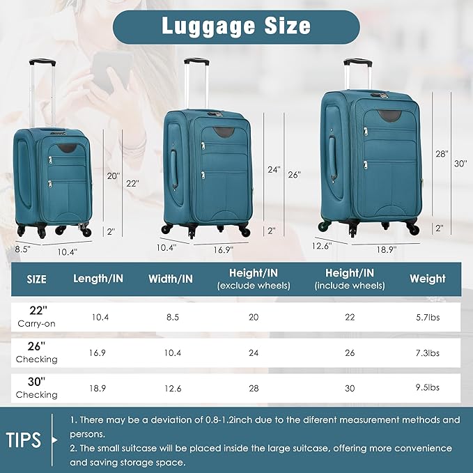 Merax Softside Luggage Set Softshell Lightweight 3 Piece Spinner Suitcase with Duffel Bag Expandable Upright Travel Luggage 22" 26" 30",Blue Green