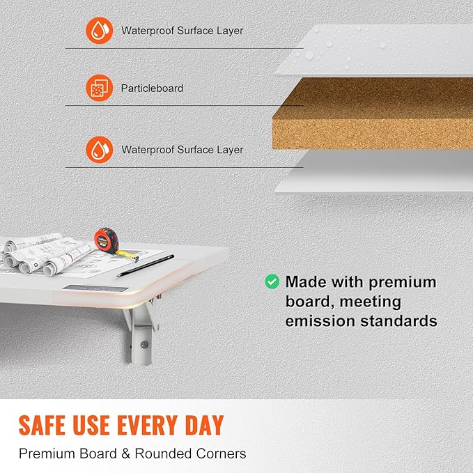 VEVOR Wall Mounted Folding Table, 31.5" x 23.6" Wall Mount Drop Leaf Table, Floating Desk with Iron Bracket for Small Spaces, Home Office Dining Laundry Room Kitchen Bar, White