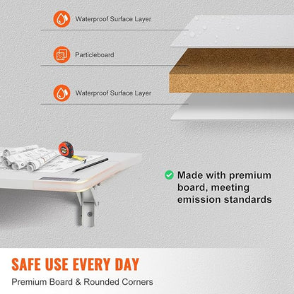 VEVOR Wall Mounted Folding Table, 31.5" x 23.6" Wall Mount Drop Leaf Table, Floating Desk with Iron Bracket for Small Spaces, Home Office Dining Laundry Room Kitchen Bar, White