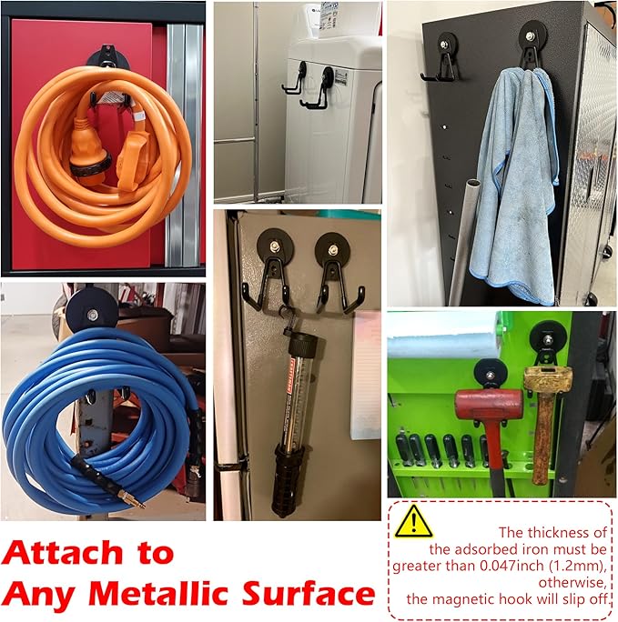 MUTUACTOR Heavy Duty Magnetic Hook,2PCS Anti-Slip Storage Magnet Hooks for Organizer, Magnetic Mount Garage Double Utility Hooks Hanging Impact Drivers Garden Hoses Hardware Box