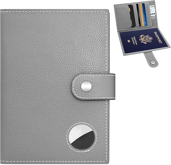 Genuine Leather Passport Holder, RFID Blocking Travel Wallet for Men/Women, Stylish Passport Cover with Airtag Slot, Durable Passport Wallet case travel essentials (Gray)