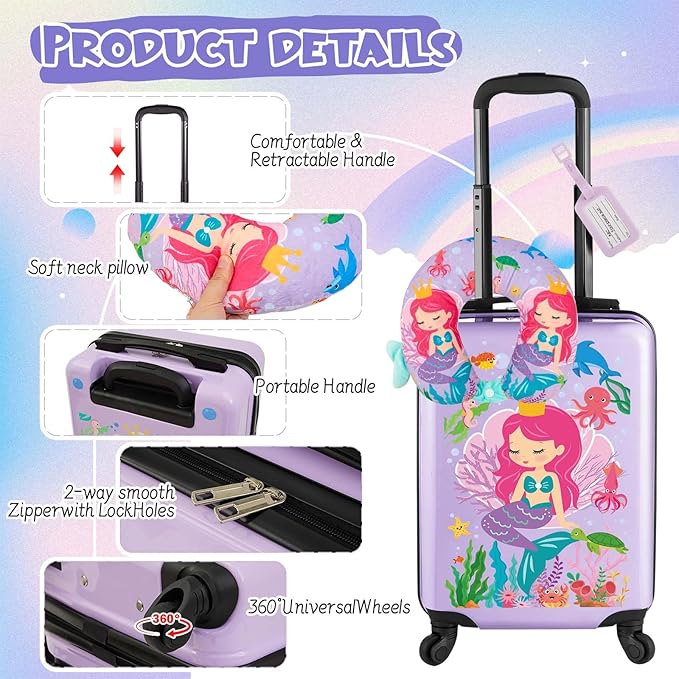 Sanwuta 4 Pcs Kids Luggage Set Kids Backpack Travel Rolling Suitcase with Wheels U-shape Pillow Childrens Gift for Girls Boys(20 Inch,Mermaid Style,Purple)