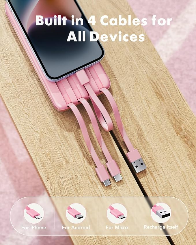 charmast Portable Charger with Built in Cables, Power Bank with Cords Wires, Slim 10000mAh Travel Battery Pack 6 Outputs 3 Inputs 3A Fast Charging for Samsung Google Pixel LG Moto iPhone iPad