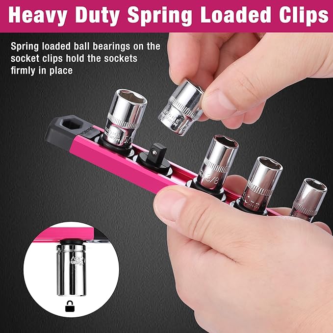WORKPRO Magnetic Socket Organizer, 1/4-Inch Drive Aluminum Alloy Socket Rail, Heavy Duty Socket Holder, Socket Rack Kit 1/4-Inch x 12 Clips Rose Red (Socket not Included)