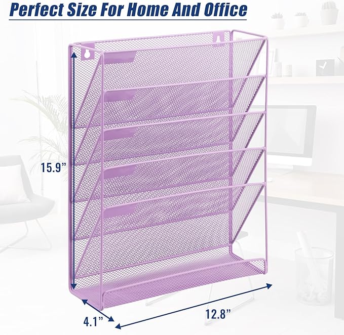 EASEPRES Desk File Organizer Mesh 6 Tier, Hanging Wall Mount Document Organization Stand, Desktop Vertical Mail Paper Folder Holder Rack with Bottom Tray for Office Home Cubicle, Light Purple