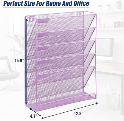EASEPRES Desk File Organizer Mesh 6 Tier, Hanging Wall Mount Document Organization Stand, Desktop Vertical Mail Paper Folder Holder Rack with Bottom Tray for Office Home Cubicle, Light Purple