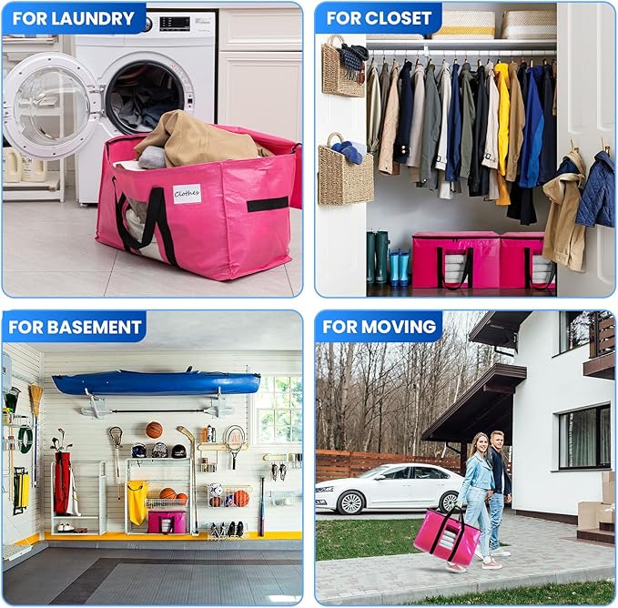 TAILI 2 Pack Pink Extra Large Moving Bags, Heavy Duty Totes with Visible Window, Wrap Around Handles, Space-Saving Storage, Alternative to Moving Boxes
