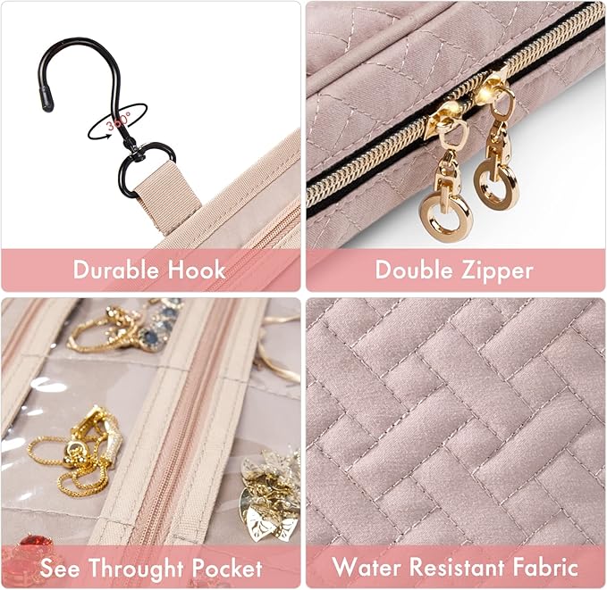 SFYBYHEART Travel Jewelry Organizer Case, Jewelry Travel Bags for Women, Large Capacity Travel Jewelry Case for Tangle-Free Earrings, Necklaces, Rings Storage, Travel Accessories, Pink.…