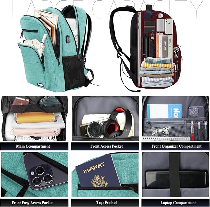Backpack for Women Men, School Backpack for Boys Girls Teens, 15.6 Inch Laptop Backpack with USB Port, College Middle High School Bookbag, Water Resistent Business Mochila para hombre, Cyan
