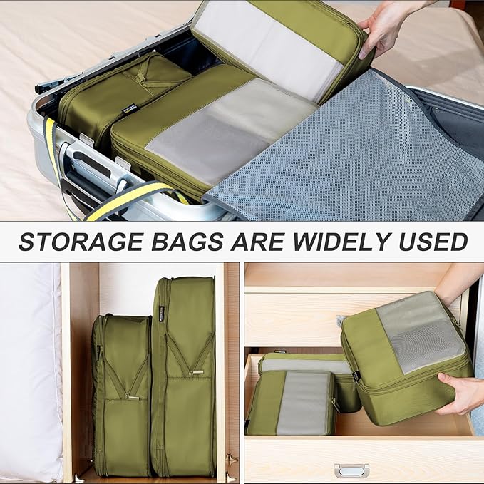 Compression Travel Packing Cubes, 6 Set Expandable Luggage Organizer Bags, Durable Travel Accessories for Suitcases, Backpacks, and Carry-Ons (Army Green)