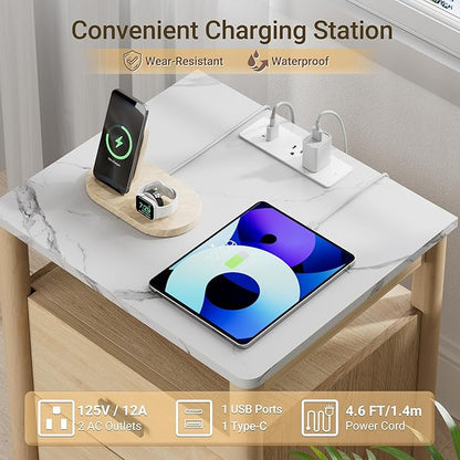 Night Stand with Charging Station, 20" Large Modern Nightstand with Faux Marble Top, 2 Drawers End Table with Solid Round Post Legs & Open Shelf for Bedroom, Natural Oak