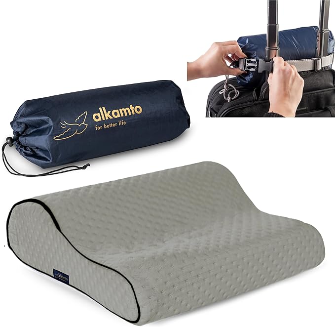 Travel & Camping Comfortable Memory Foam Pillow – Easy to Carry Portable Bag – Temperature Regulating Pillow Case (Grey Contour)