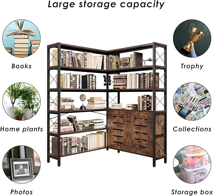 6-Shelf Corner Bookshelf, Vintage Industrial Corner Shelf Etagere Bookcase, Large Book Shelf with Metal Frame Open Storage Corner Cabinet (Brown-Lockers, Large)