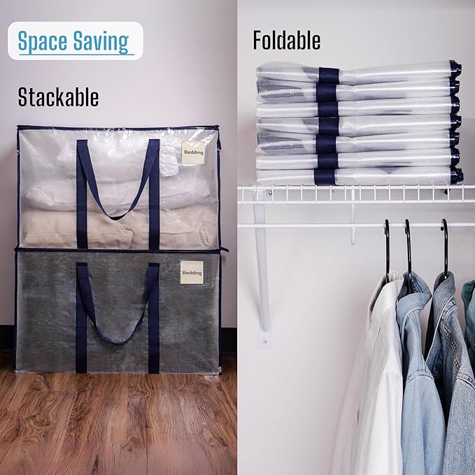 VENO 4 Pack Moving Bags, Heavy Duty, Moving Boxes Alternative, Packing Storage Supplies for Dorm Room Essentials with Zipper for Clothes, Extra Large Totes for Packaging (Clear, 4 Pack)