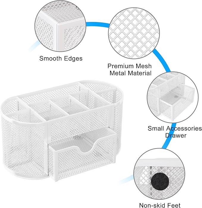 EasyPAG Mesh Pen Holder Desk Organizer with Drawer Stationery Supplies Organizer for Dorm School 9 Compartments Workspace Desk Accessories Organization for Office, White