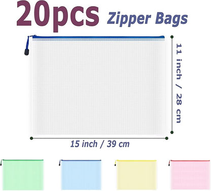 AUSTARK 20Pcs Board Games Storage Bags, PVC Mesh Zipper Pouches, Zippered File Bags, Plastic Waterproof Storage Bags for Office School Home Travel Cosmetic (B4 Size 15 x 11 Inches, Multicolored)