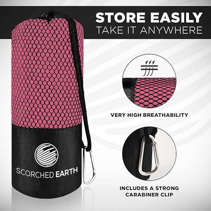 ScorchedEarth Microfiber Travel & Sports Towel Set - Quick Dry, Super Absorbent, Compact, Lightweight - for Camping, Backpacking, Hiking, Beach, Yoga, Swimming - Includes 2 Sizes + Carrying Bag & Clip