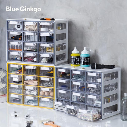 Blue Ginkgo Large 12-Drawer Cabinet – Stackable Clear Organizer for Hardware, Beads, Plastic Bricks, Office, and Craft Storage (Made in Korea, Blue)