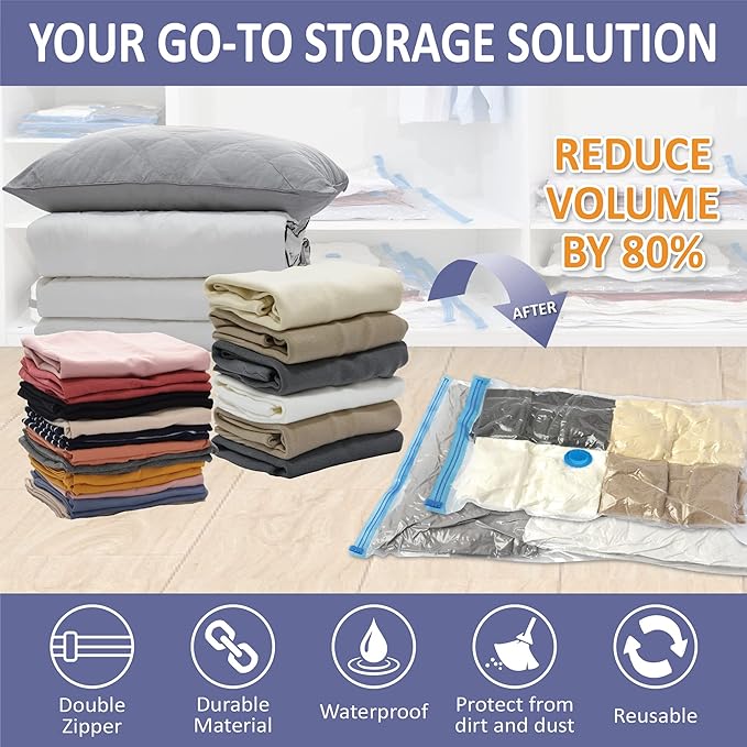 25 Pack Vacuum Storage Bags, Space Saver Vacuum Storage Bags, Vacuum Seal Bags for Clothing, Clothes, Comforters and Blankets, Hand Pump Included