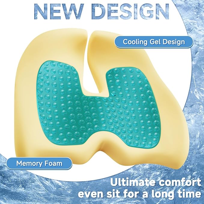 Benazcap X Large Gel Seat Cushion for Office Chair Ergonomic Cushions-Gel & Memory Foam Coccyx Butt Pillow for Sciatica & Back Pain Relief for Long Sitting for Gaming Chair and Car Seat-Black