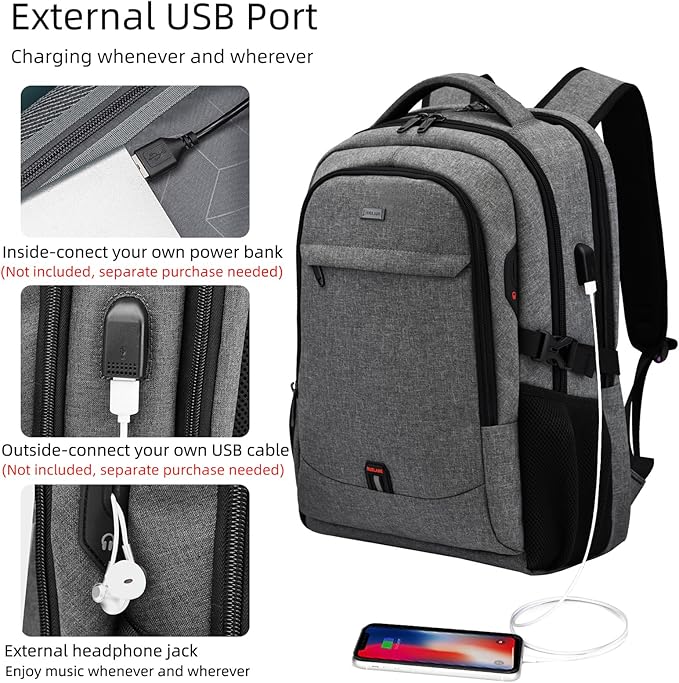 DUSLANG 17 Inch Laptop Backpack for Travel Water Resistant College Backpack for Men/Women Laptop Bag with USB Charging Port and Rain Cover,light grey