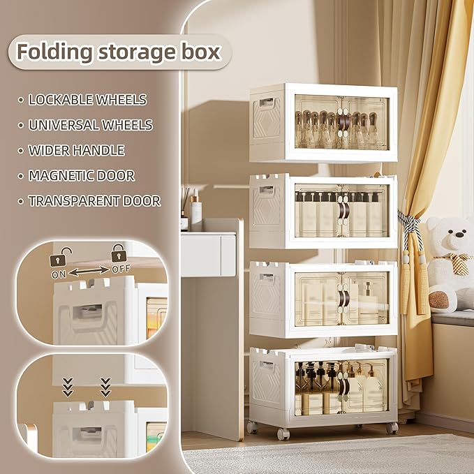 144 QT / 36 Gal Magnetic Double Door Cabinet with Wheels - Foldable Stackable Design, Leather Handles, Water Resistant Organizer for Bathroom, Kitchen