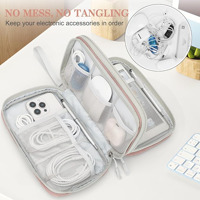 FYY Electronic Organizer, Large Travel Cable Organizer Bag Pouch Electronic Accessories Carry Case Portable Waterproof Double Layers All-in-One Storage Bag for Cable, Cord, Charger, Pattern Pink