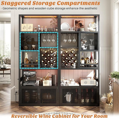 82.6" Tall Bar Cabinet with Power Outlets, 6-Tiers Reversible Wine Cabinet with LED Lights, Glass Holder & Wine Rack, Liquor Storage Cabinet Coffee Bar Unit Station for Dining Living Room, Black