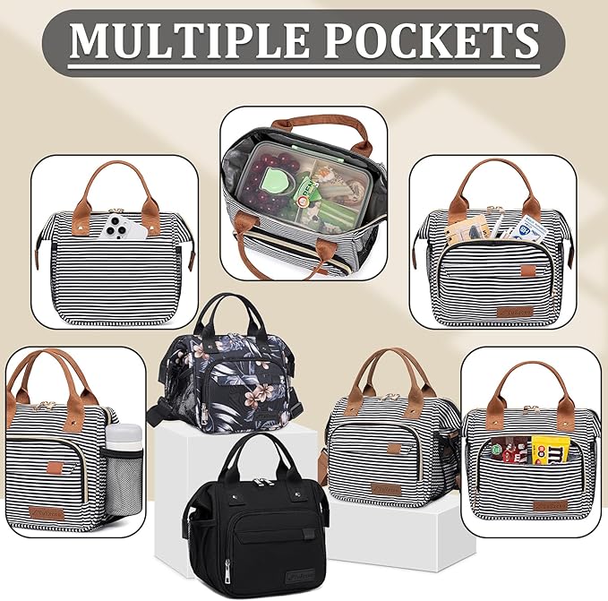 Small Lunch Bag Lightweight Insulated Lunch Box for Women Work Portable Soft Cooler for Picnic Travel Road Trips, Loncheras para Mujer, Black