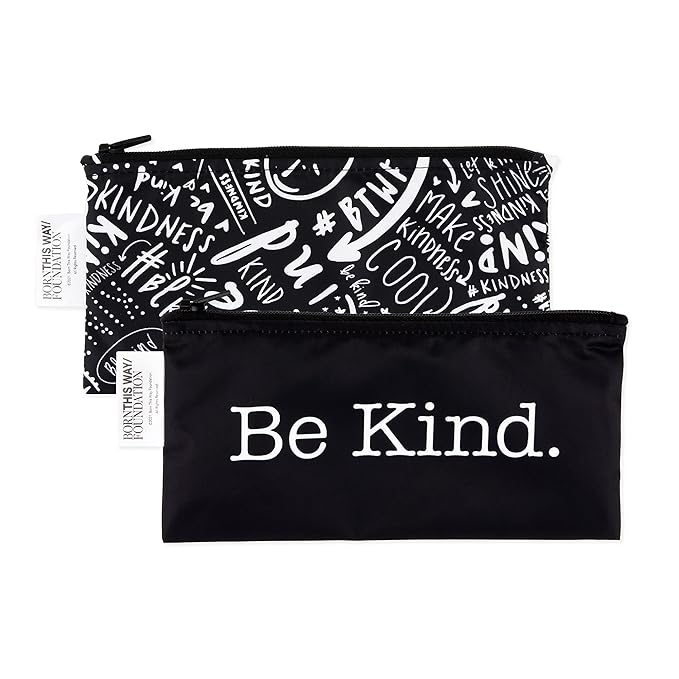 Bumkins Reusable Snack Bags, for Kids School Lunch and for Adults Portion, Washable Fabric, Waterproof Cloth Zip Bag, Supplies Travel Pouch, Food-Safe Storage, 2-pk Born This Way Be Kind