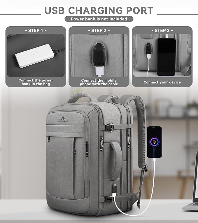 Carry On Backpack, 50L Extra Travel Laptop Backpack for Men Women, Big Bag Business Travel Essentials Gifts for men, 17 Inch Laptop Backpack Computer Bag Gifts for Him Men, Grey