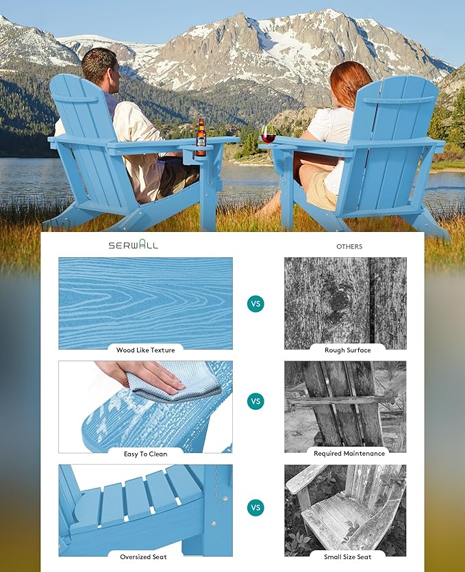 SERWALL Adirondack Chair with Cup Holders - Composite Adirondack Chairs Set of 6 HDPE Outdoor Chairs All Weather Use- Light Blue