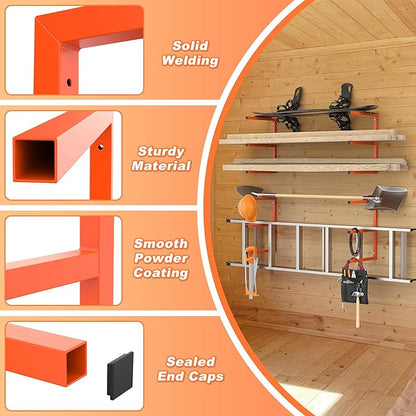 Ultrawall Lumber Storage Rack Wall Mount Wood Storage Racks, Metal Wood Organizer Racks for Shed, Workshop, Garage, Holds Up 220 LBS Per Level (Pack of 4, Orange)