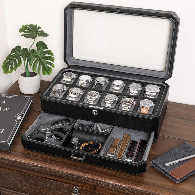 ROTHWELL 12 Slot Leather Watch Box with Valet Drawer - Luxury Watch and Jewelry Case Display Organizer, Microsuede liner, Mens Locking Storage Holder Large Glass Top (Black/Grey)