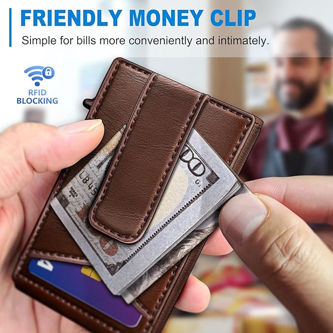 Airtag Wallet for Men,with Money Clip Gift Boxed,Slim Front Pocket Wallet RFID Blocking Metal Case Smart Pop-up Credit Card Holder in Magnetic Leather Flip