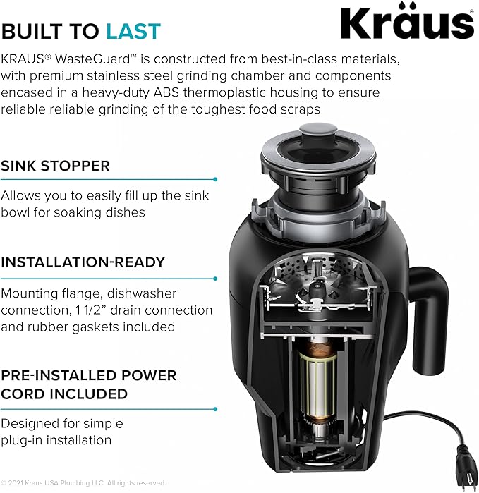 KRAUS Standart PRO™ 33-inch 16 Gauge Undermount 50/50 Double Bowl Stainless Steel Kitchen Sink with WasteGuard™ Continuous Feed Garbage Disposal, KHU102-33-100-75MB