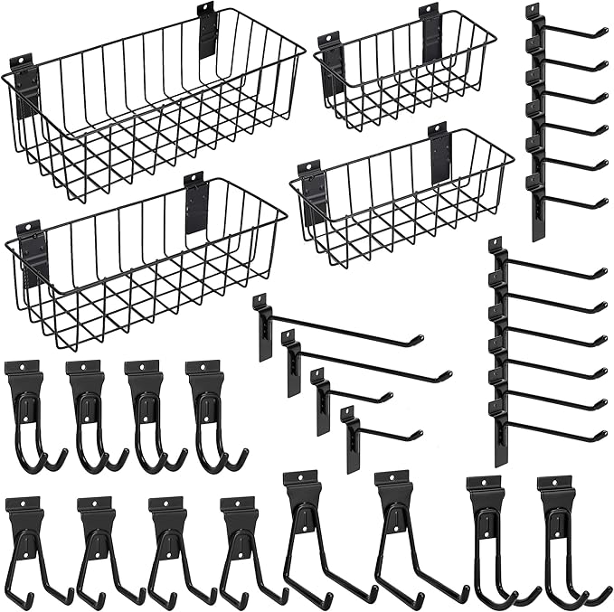 Heavy-Duty Slatwall Baskets and Hooks - Slatwall Accessories for Standard Slatwall Panels | Ideal for Organizing Garages and Workshops