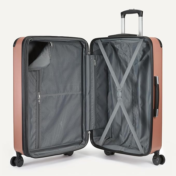 Amazon Basics 3-Piece Luggage Set, Including Carry-On Luggage (22" Expandable Hardside Suitcase With 8 Spinner Wheels), 15" Tote Bag, and 10" Compact Travel Bag, Rose Gold
