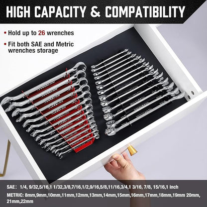 ALOANES 26-Slot Metal Wrench Organizer, Heavy Duty Wrench Organizer Tray for Tool Box, Professional Fit SAE & Metric Wrench Storage, 2 Pack Wrench Holders(Black)