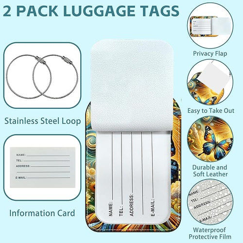 2 Pack Cute Luggage Tag for Suitcases Colorful Butterfly Leather Luggage Tags with Stainless Steel Loop Privacy Flap Name Tags,Men and Women Travel Bag Suitcase Tags