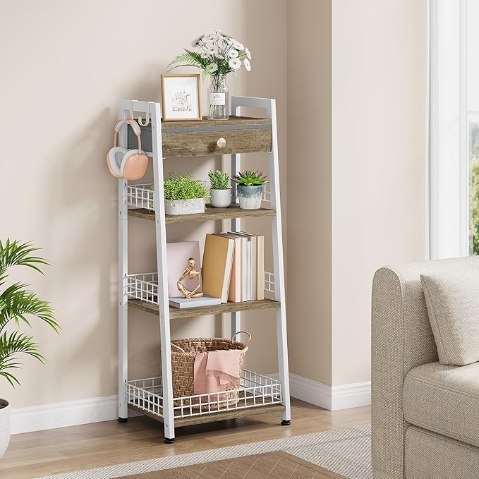 4-Tier Ladder Shelf with Drawer, Bathroom Stand Floor Storage Shelf, Freestanding Tower Table Ladder-White.