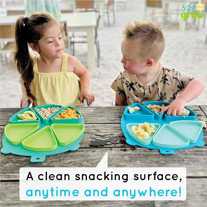 On-The-Go Snack Mat – Baby Silicone Travel Dining Placemat – Portable Silicone Toddler Plate – Reusable Snack Container with 3 Compartments and Lids for 6 Months + (Ocean)